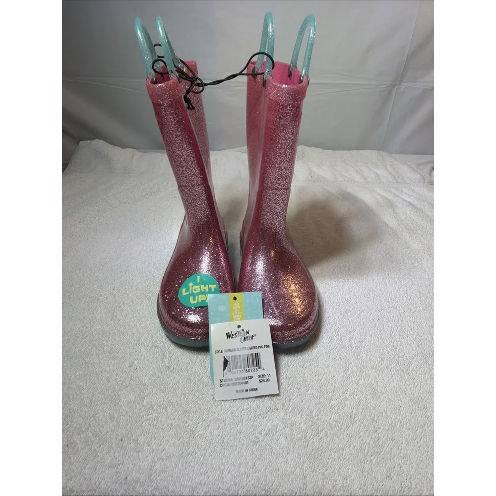 Western Chief Size 11 Toddler Girls Shimmer Glitter Lighted PVC Pink Rain Boots